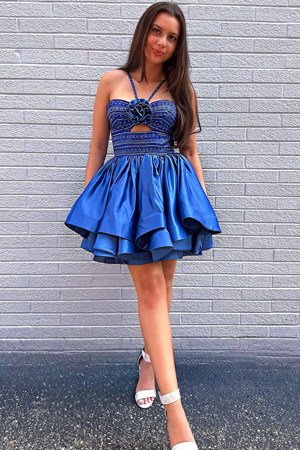 Avant-garde A Line Halter Neck Royal Blue Short Homecoming Dress with Beading Keyhole