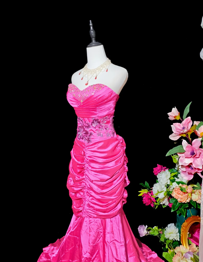 Sexy Hot Pink Satin Beaded Mermaid Long Party Dress Formal Wedding Guest Dress
