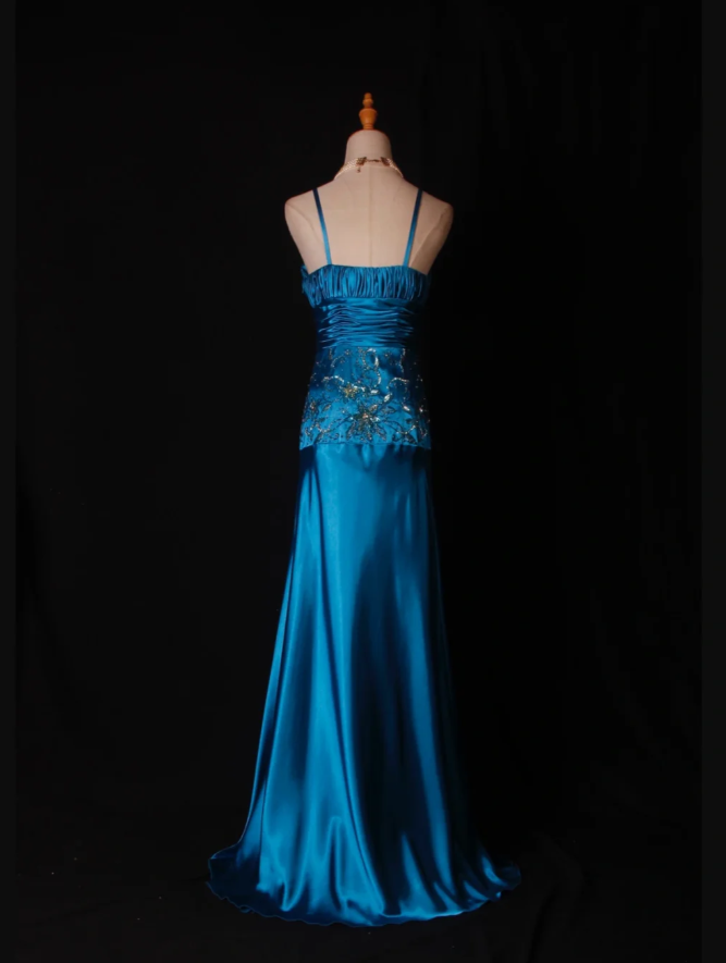 Stylish Spaghetti Straps Blue V Neck Satin Beaded Mermaid Long Evening Dress Birthday Dress
