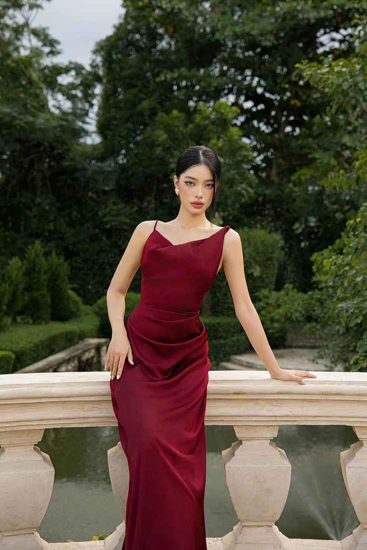 Elegant Burgundy Satin Long Bridesmaid Dress Formal Party Dress