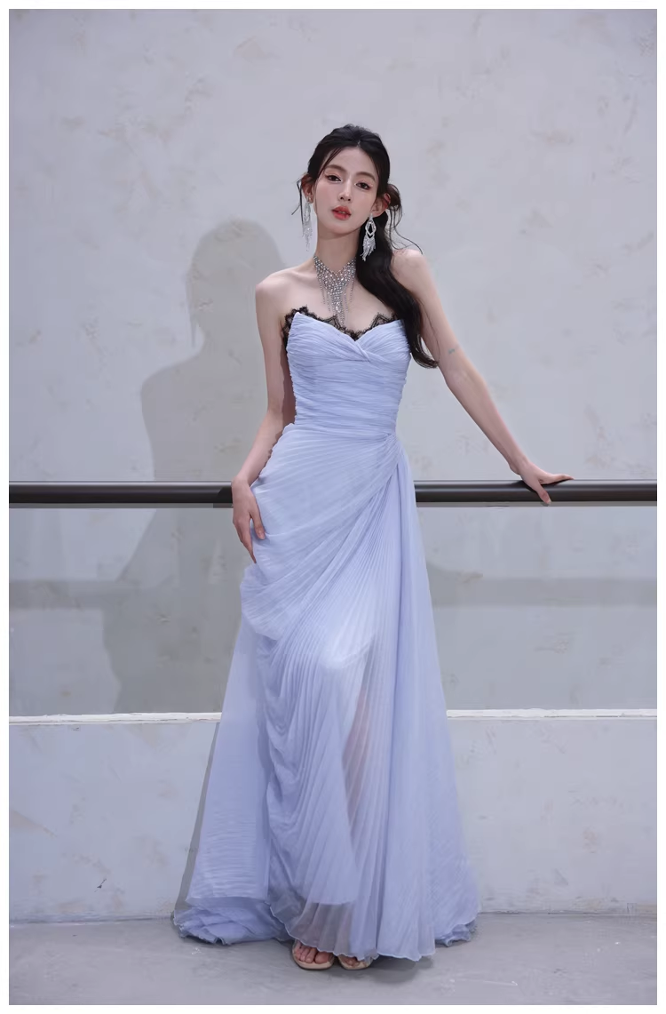 Classy Haze Blue Strapless Tulle Pleated Mermaid Long Party Dress Evening Gown