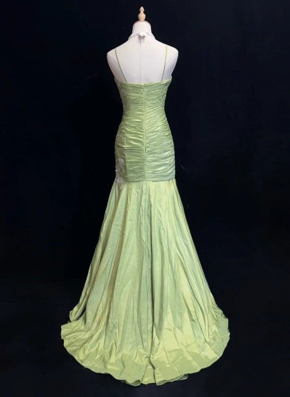 Gorgeous Green Mermaid Satin Beaded Sequin Party Evening Dress,Spaghetti Strap Long Prom Dress