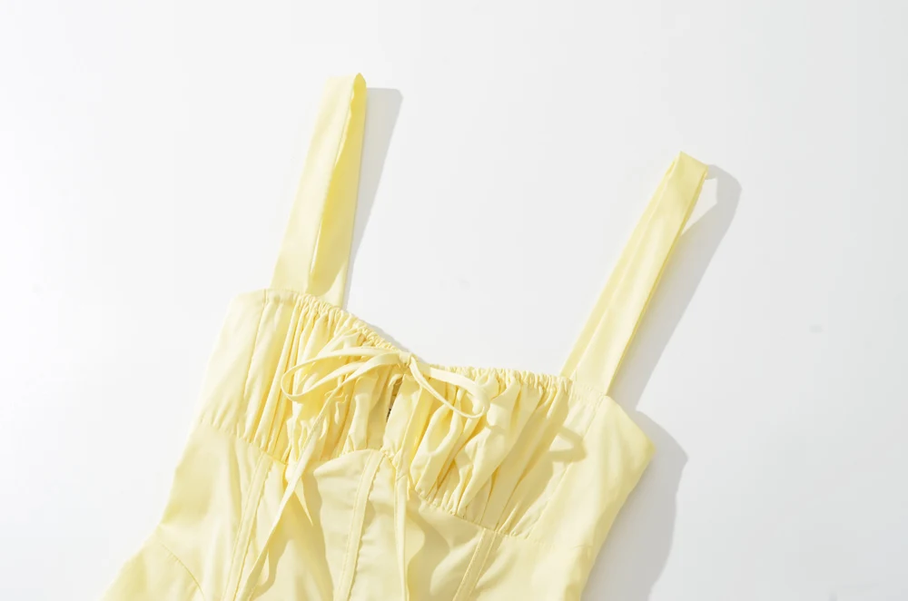 Yellow Ruched Bow Backless Sexy Midi Prom Dress