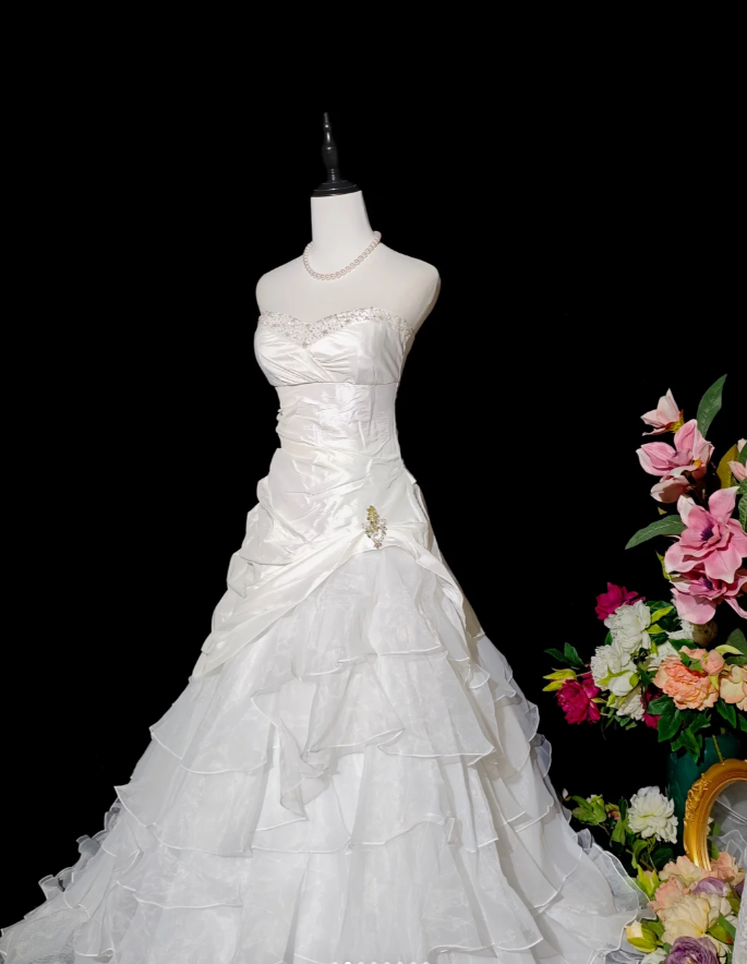 Pretty Strapless White Satin Tulle Beaded Ruffle Layered Mermaid Evening Dress Long Birthday Prom Dress