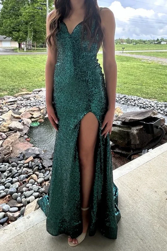 Vintage Green Spaghetti Strap V Neck Sequin Mermaid Slit Evening Dress Long Party Dress