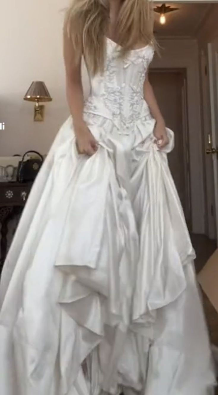 Charming Beaded Satin A Line Slit Prom Dress White Wedding Dress