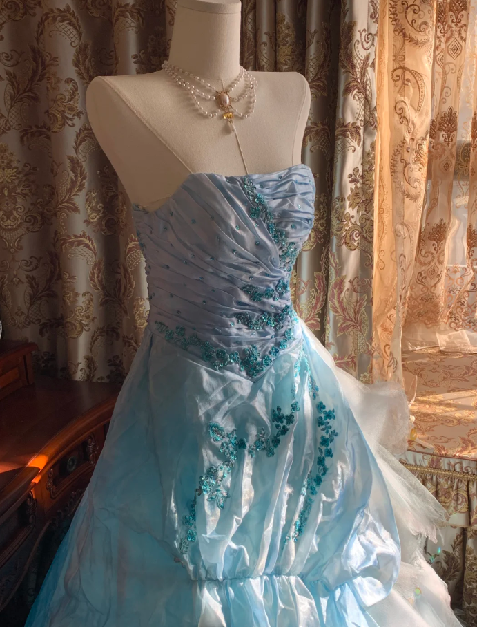 Elegant Blue Strapless Tulle Satin Appliques Long Party Dress Birthday Prom Gown