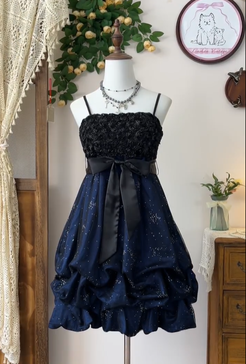 Vintage Spaghetti Straps Rose Flowers Cocktail Dress Navy Blue A Line Homecoming Dress