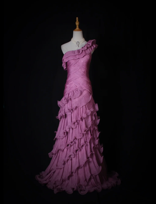 Fairy One Shoulder Purple Chiffon Pleated Ruffles Layered Mermaid Prom Dress Formal Birthday Cake Dress