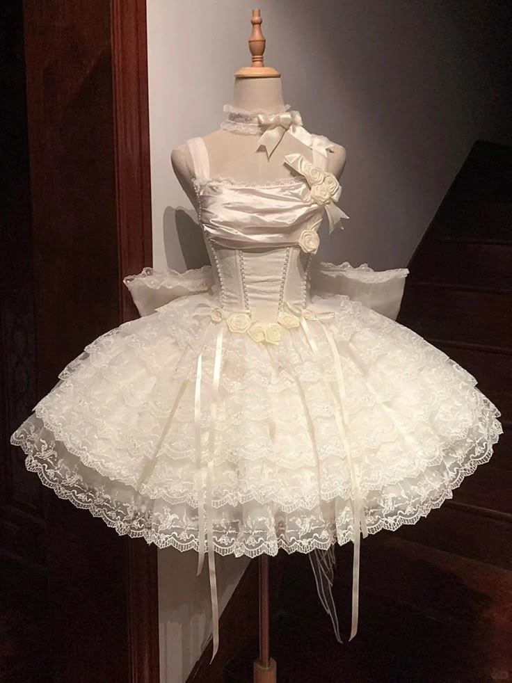 Classy Beige Floral Design Lace Layered Princess Birthday Dress With Big Bow