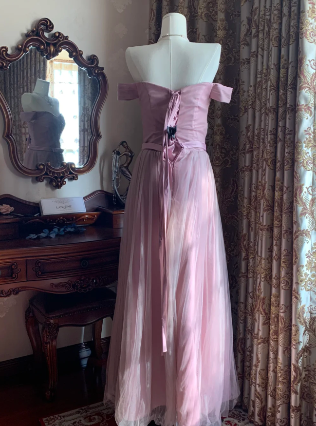 Sweet Pink Off The Shoulder Tulle A Line Long Birthday Party Dress Formal Wedding Guest Dress
