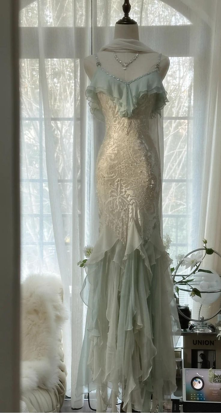 Classy Light Green Chiffon Beaded Mermaid Prom Dress,Spaghetti Straps Party Evening Dress