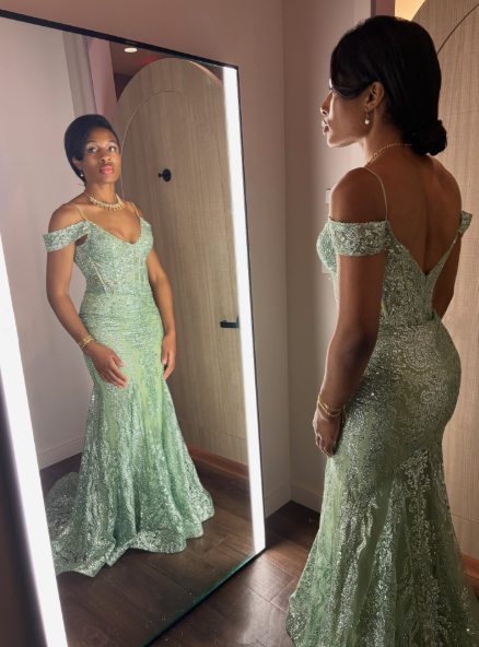 Sexy Off The Shoulder Mint Green Tulle Sequin Mermaid Evening Dress Long Party Gown
