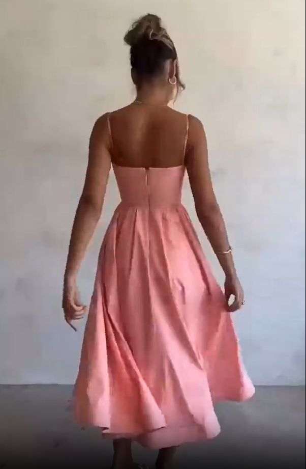 Pretty Spaghetti Straps Pink Satin Prom Dress A Line Birthday Dress