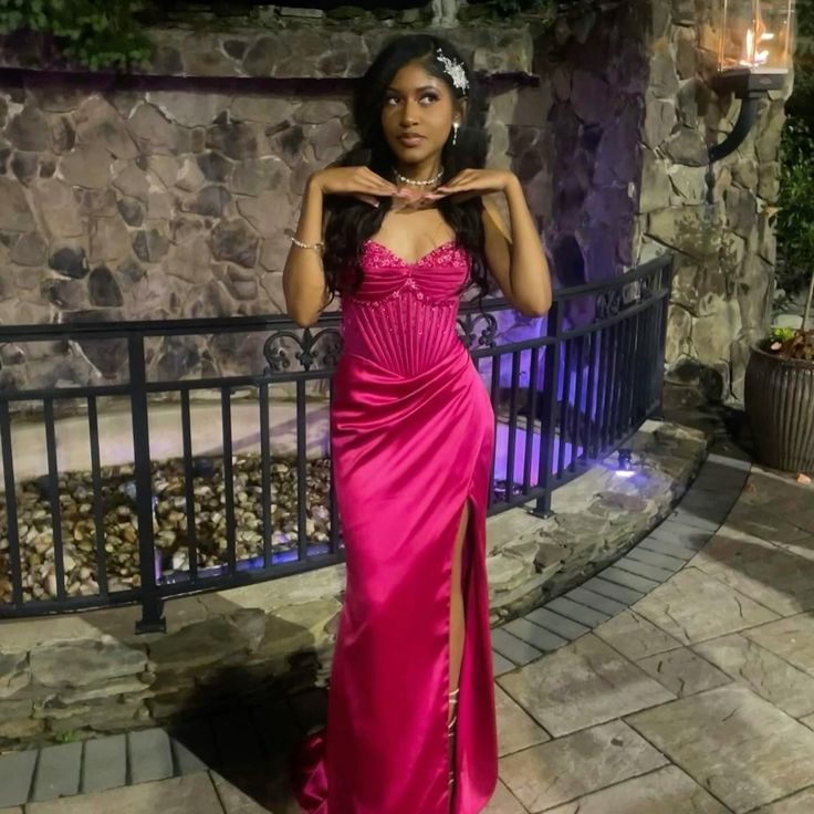 Cute Hot Pink Mermaid Slit Prom Dress Pleated Party Evening Dress