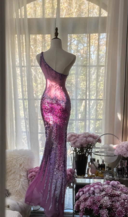Glamorous Ombre Purple One Shoulder Chiffon Sequin Beaded Mermaid Long Evening Dress Birthday Party Dress