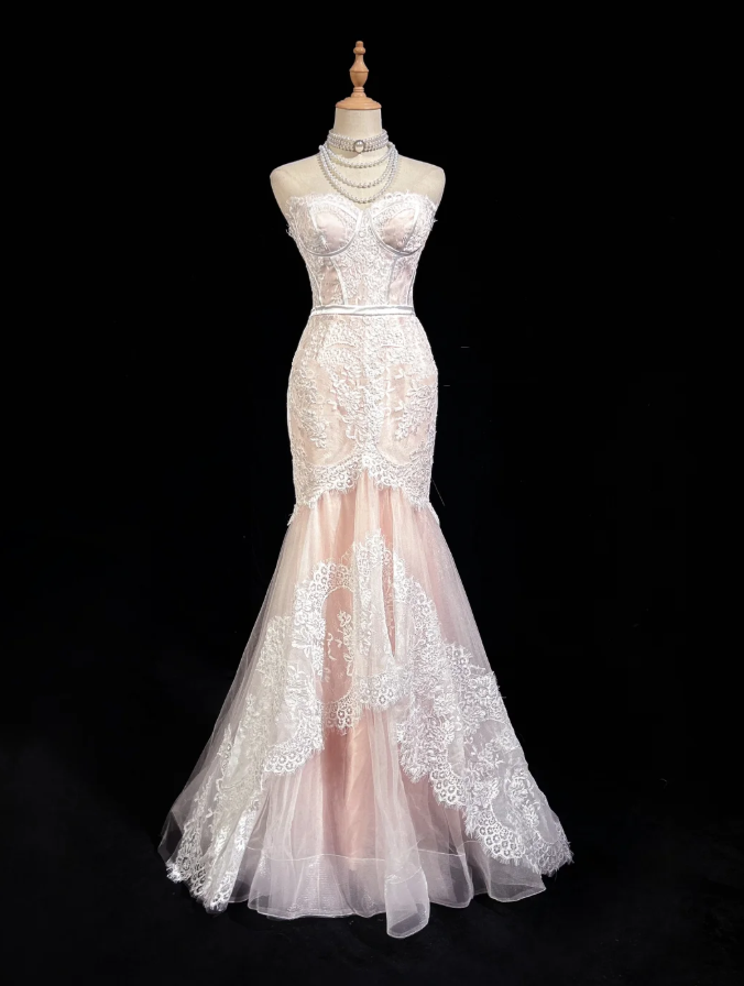 Pretty Strapless Light Pink Tulle Lace Appliques Mermaid Long Evening Dress Formal Wedding Guest Dress