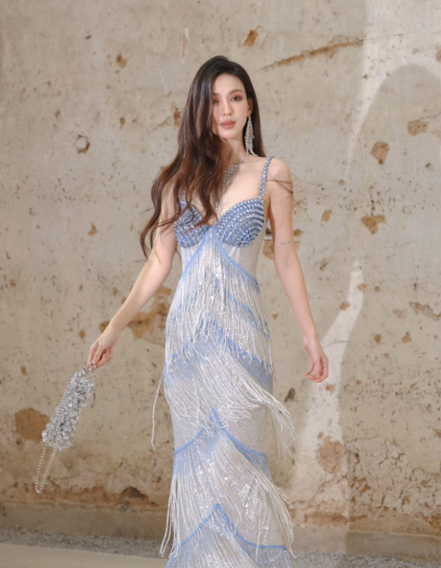 Glitter Spaghetti Straps Sequin Beaded Mermaid Long Evening Dress Birthday Prom Dress With Tassel