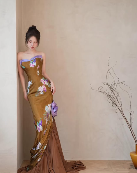 Vintage Satin Print Floral Mermaid Prom Dress,Strapless Long Party Evening Dress