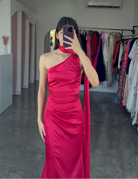 Gorgeous Hot Pink One Shoulder Satin Long Prom Dress,Mermaid Party Evening Dress