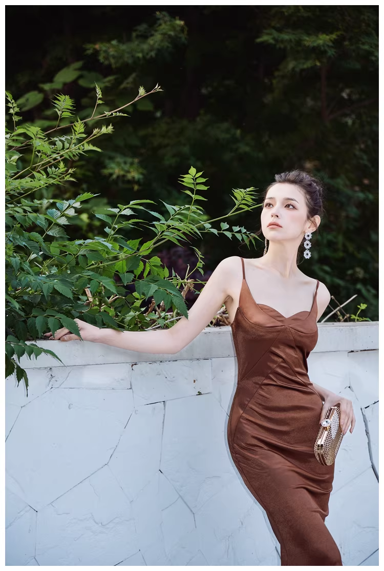 Stylish Spaghetti Straps Brown Satin Mermaid Long Evening Dress Formal Wedding Guest Dress