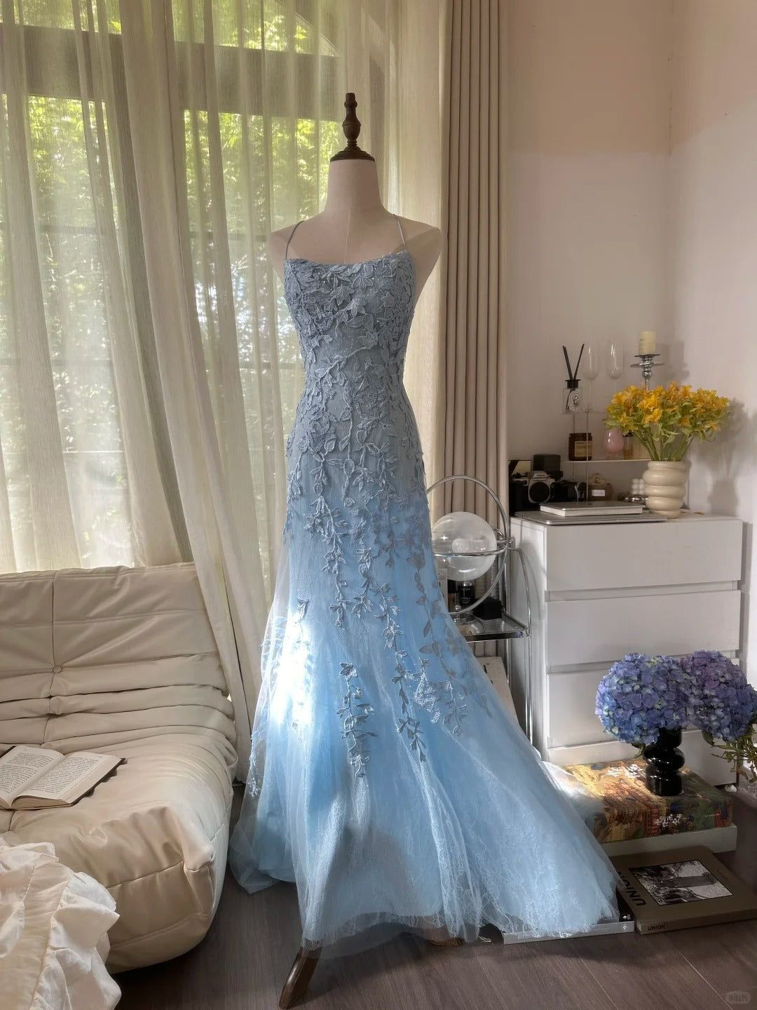 Classy Sky Blue Tulle Appliques Mermaid Long Wedding Guest Dress Evening Dresses