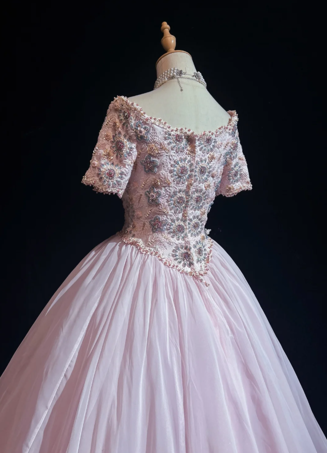 Charming Pink Tulle Lace Beaded Ball Gonn Long Birthady Evening Dress