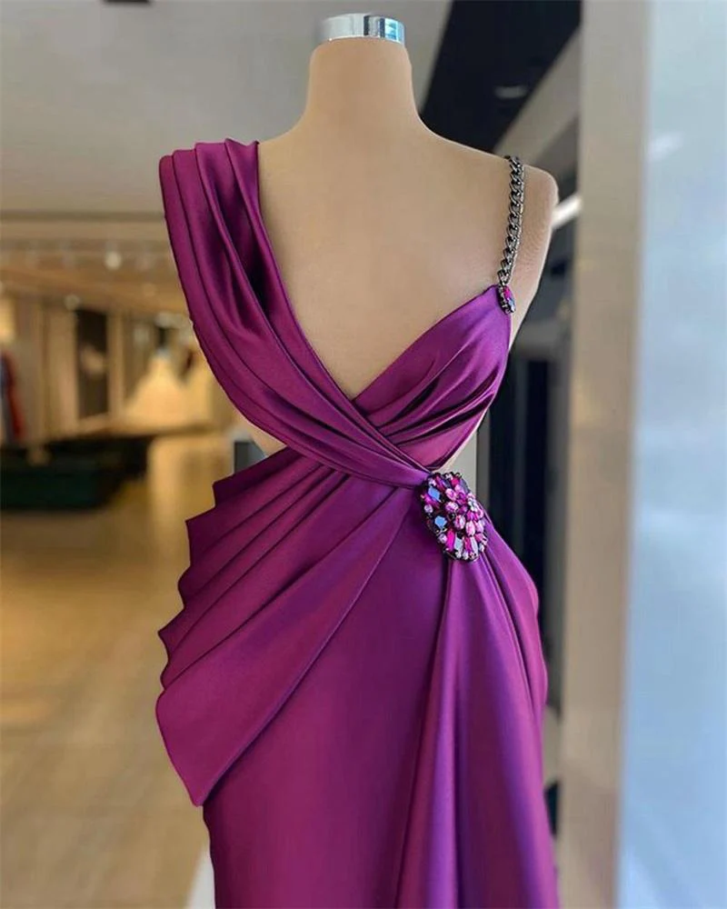 Purple Evening Dresses Beaded Crystals Ruched Pleats Satin Summer Spaghetti Strap Custom Made Prom Gown Formal Party Occasion Wear