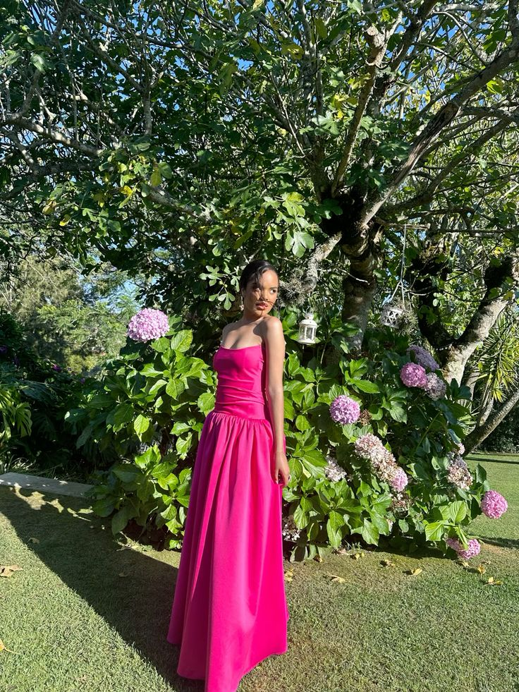 Fashion Hot Pink Satin A Line Long Bridesmaid Dress Formal Wedding Guest Dress