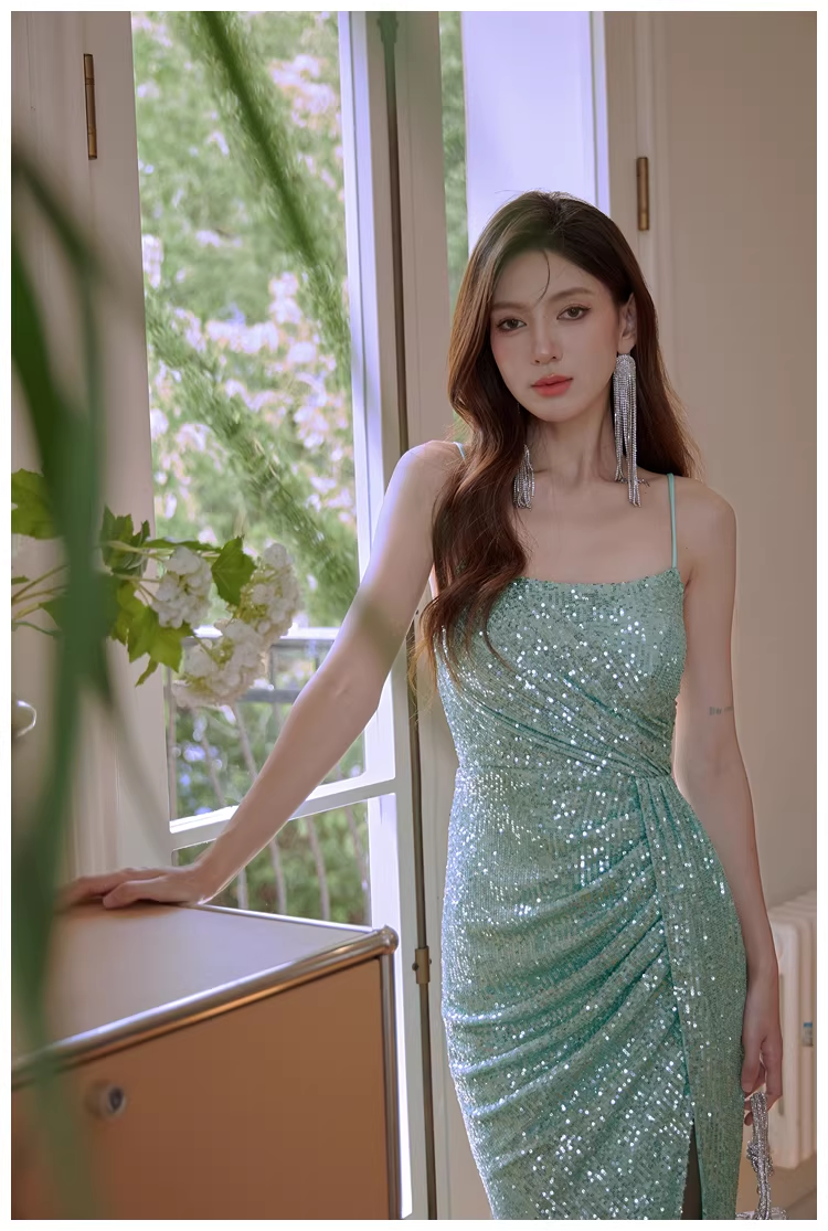 Sparkly Spaghetti Straps Mint Green Sequin Mermaid High Slit Long Prom Dress Evening Dress