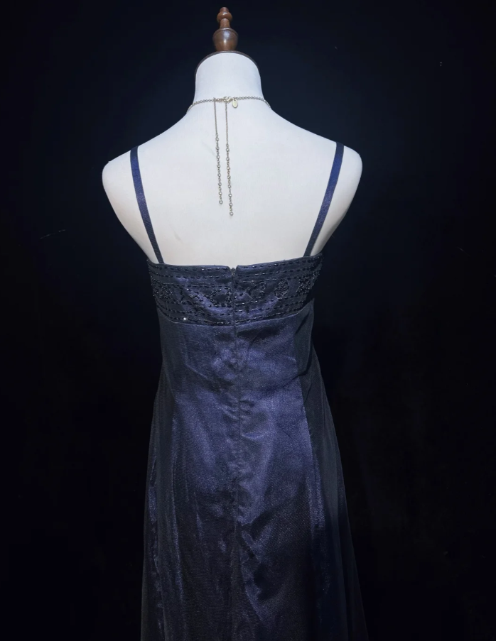 Gorgeous Spaghetti Straps Navy Blue Satin Beaded Long Party Dress Evening Dresses
