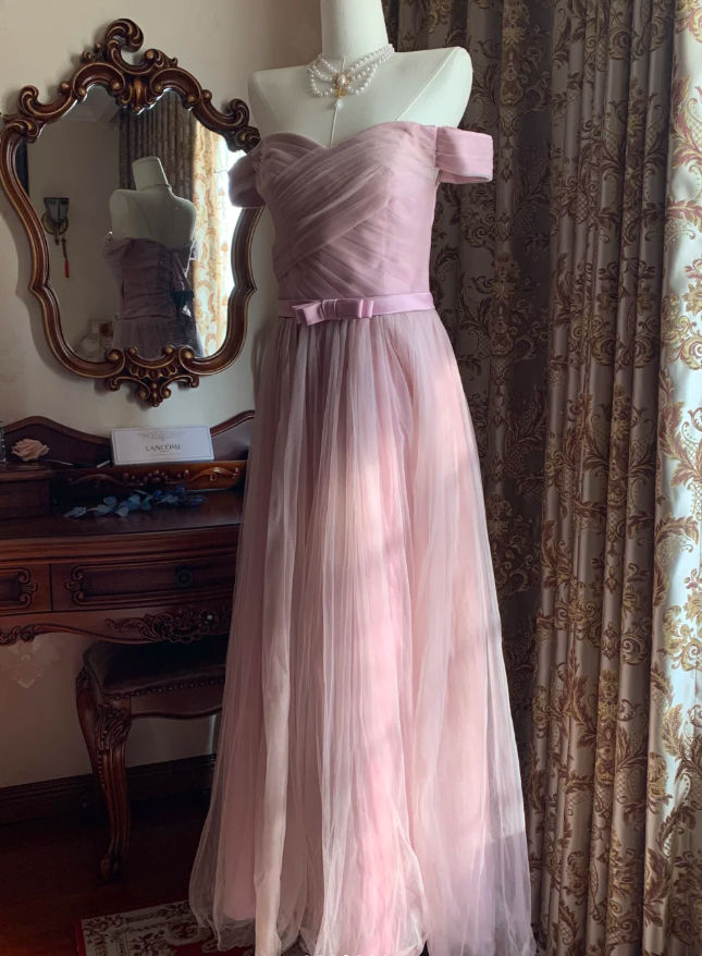 Sweet Pink Off The Shoulder Tulle A Line Long Birthday Party Dress Formal Wedding Guest Dress