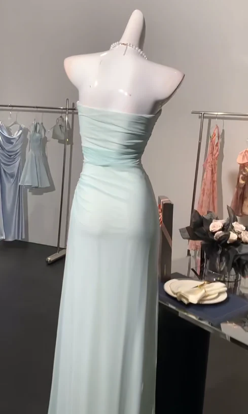 Classy Light Blue Strapless Chiffon Sheath Long Wedding Guest Dress Formal Evening Dress Birthday Prom Gown