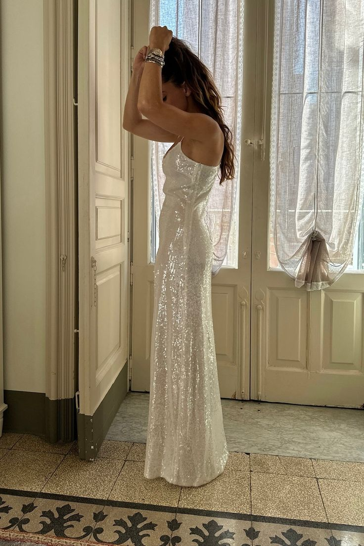 Elegant White Sequins Long Evening Dress Prom Party Dress