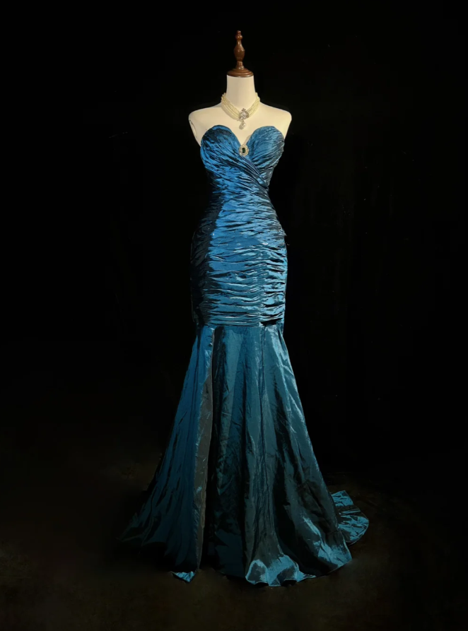 Vintage Strapless Navy Blue Satin Pleated Beaded Mermaid Long Party Dress Evening Dress