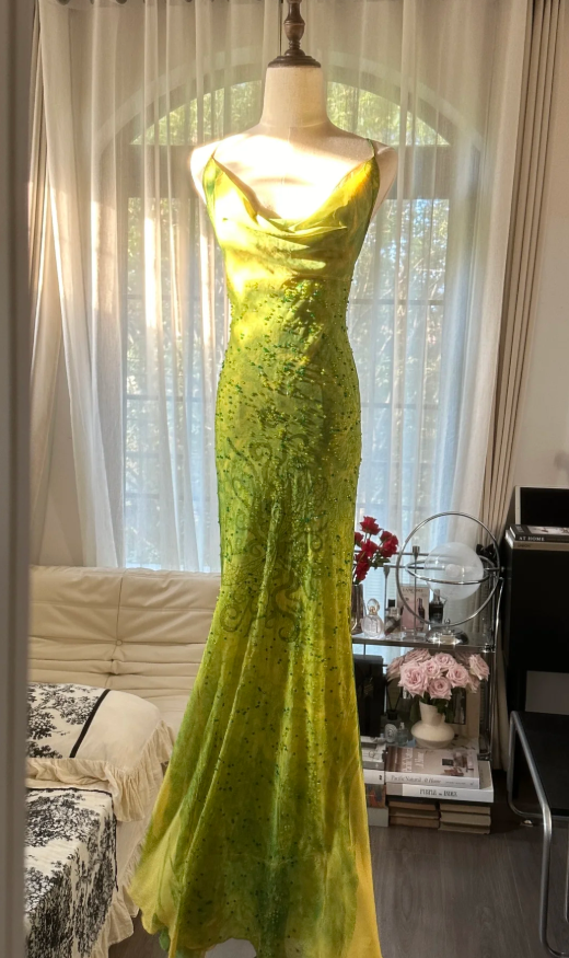Chic Ombre Green Chiffon Beaded Mermaid Long Party Dress Formal Birthday Prom Dress