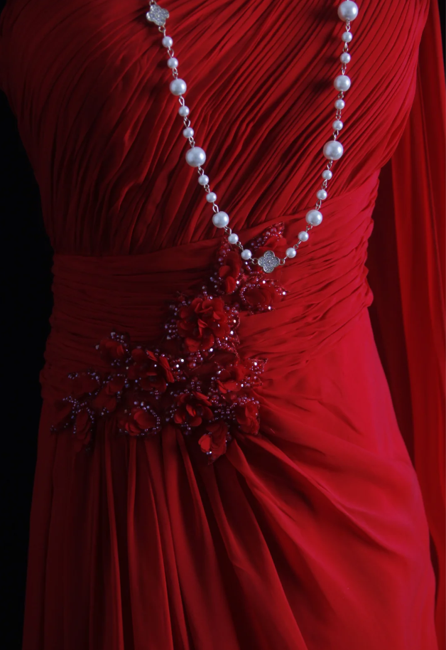 Classy One Shoulder Red Chiffon Beaded Mermaid Long Party Dress Formal Wedding Guest Dress