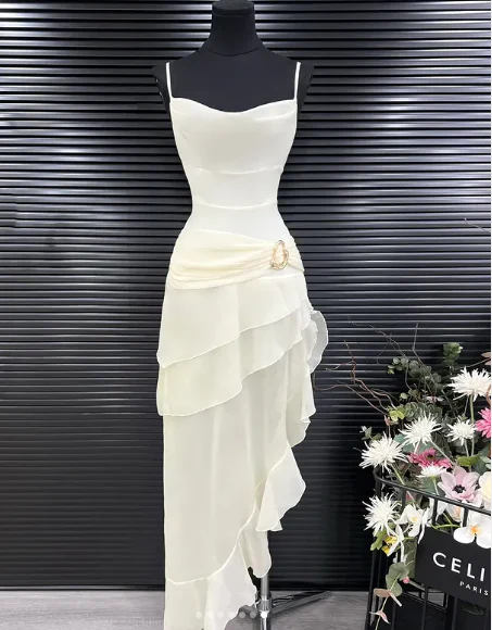 Elegant White Chiffon Spaghetti Straps Ruffles Evening Dress Long Party Prom Dress