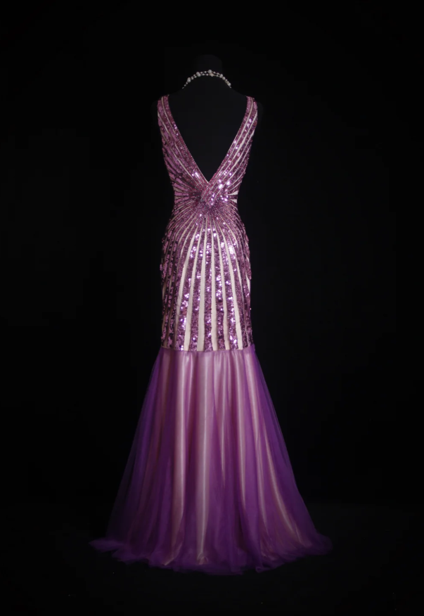 Sparkly V NecK Purple Tulle Sequin Mermaid Evening Dress Long Party Gown