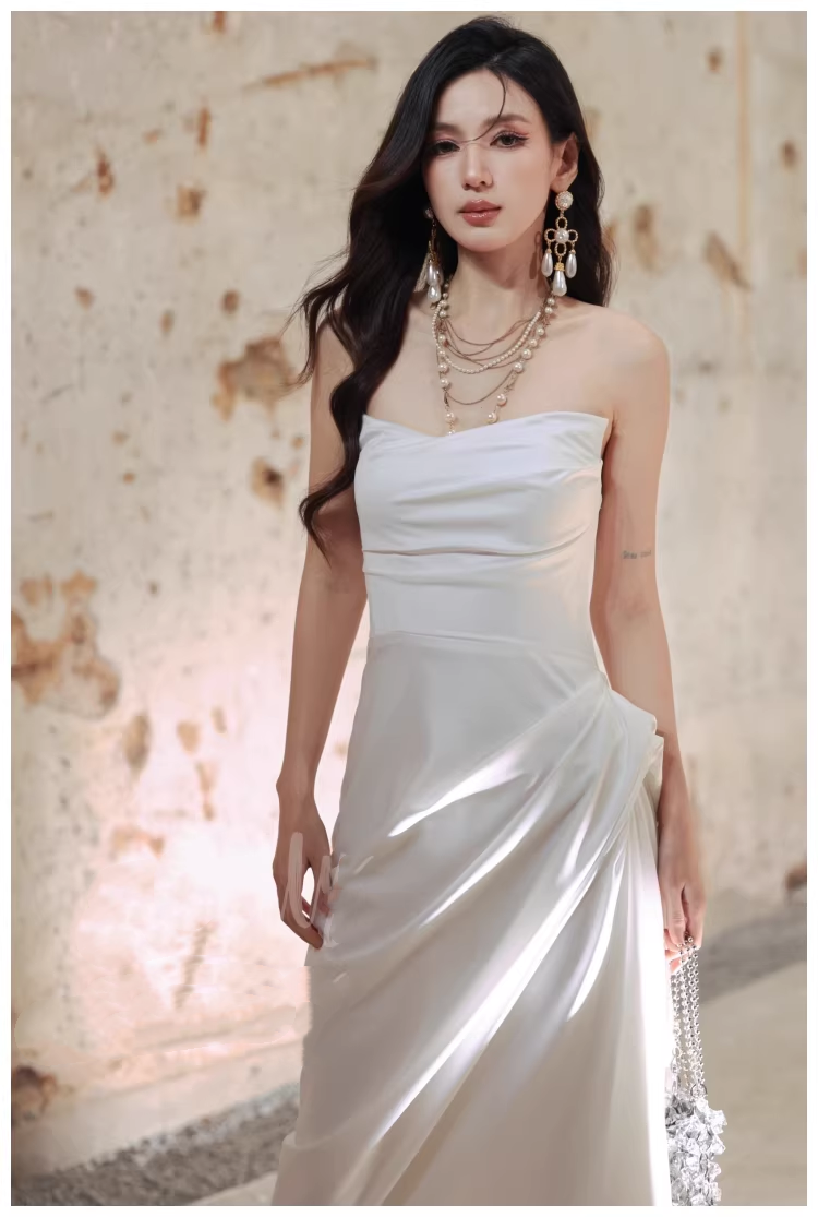 Charming Strapless Satin Pleated Mermaid Long Evening Dress White 19th Birthday Outfits