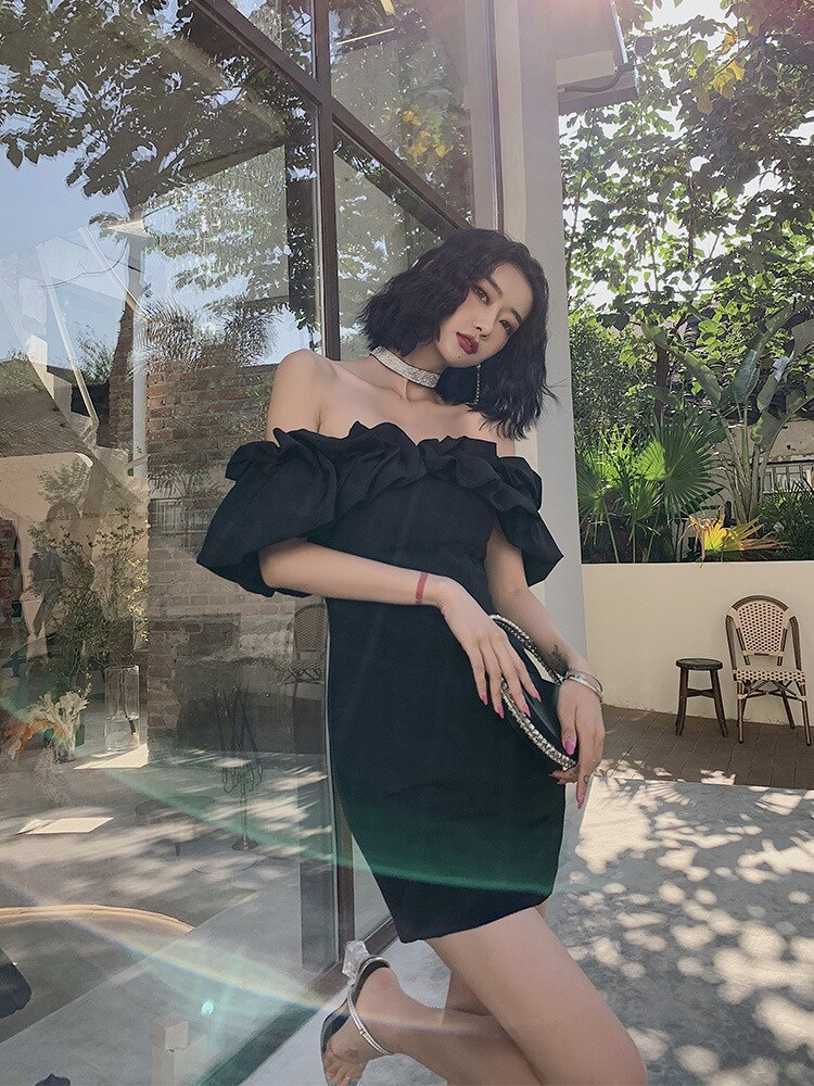 Black White Women Short Dress Pretty Mini Party Dress Ruffules Neckline Homecoming Dress