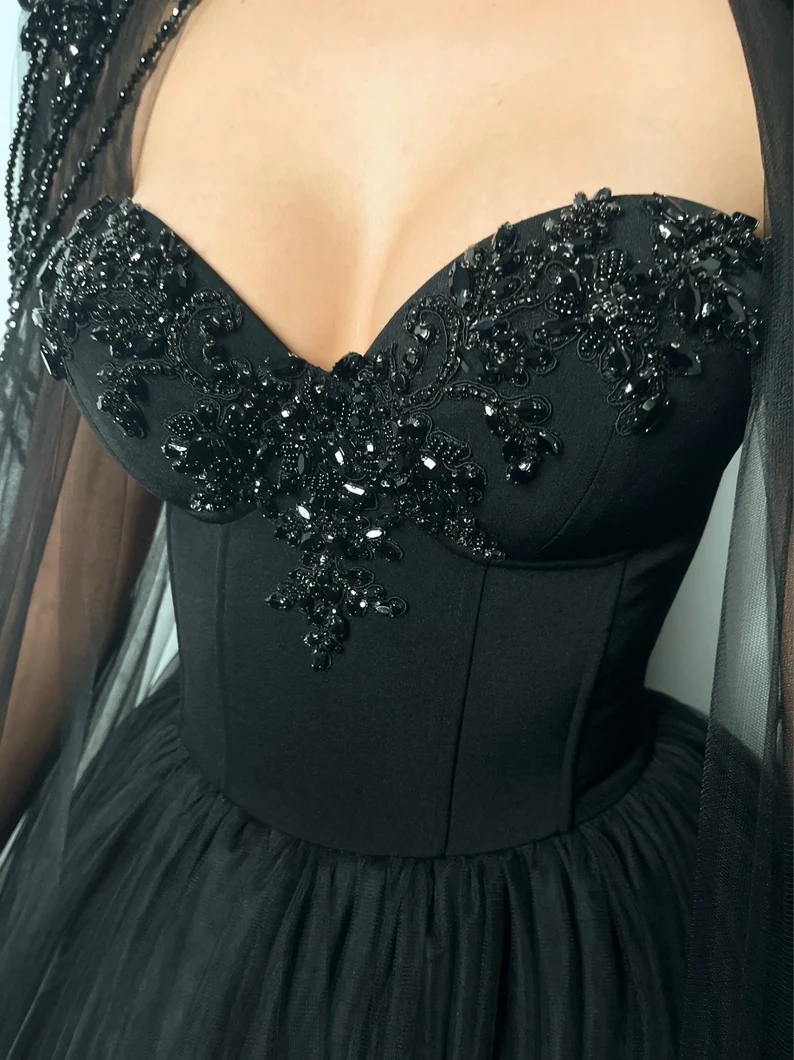 Black Gothic crystal beaded corset wedding tulle dress, elegant beaded alternive bride dress, long black cape black prom dress