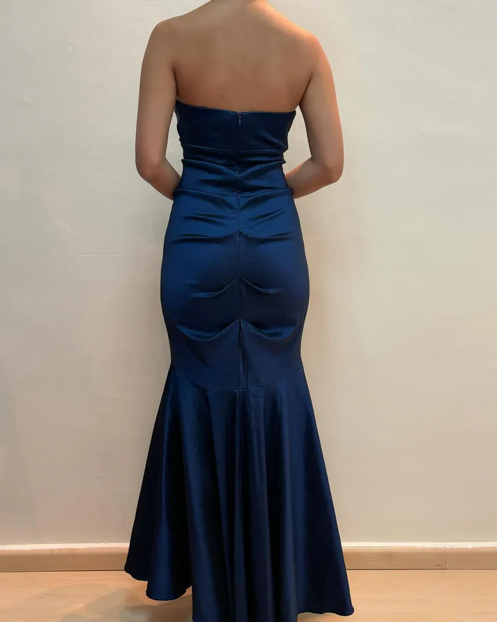 Elegant Navy Blue Ruched Mermaid Long Prom Dress Vintage Party Evening Gown
