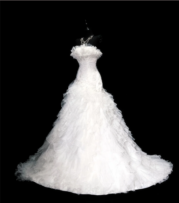 Classy Strapless White Tulle Appliques Layered Mermaid Long Wedding Guest Dress Formal Bridal Dress