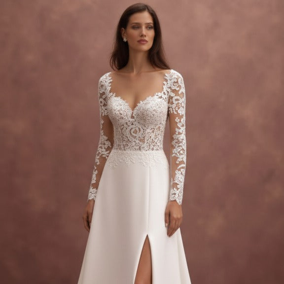 Long Sleeve Lace Wedding Dress A-Line Classic Bridal Gown