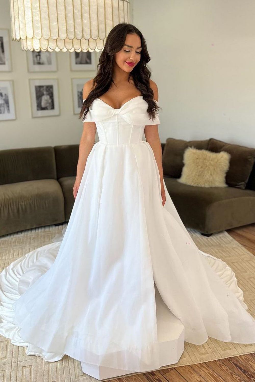 Elegant A Line Off the Shoulder White Wedding Dress with Bowknot
