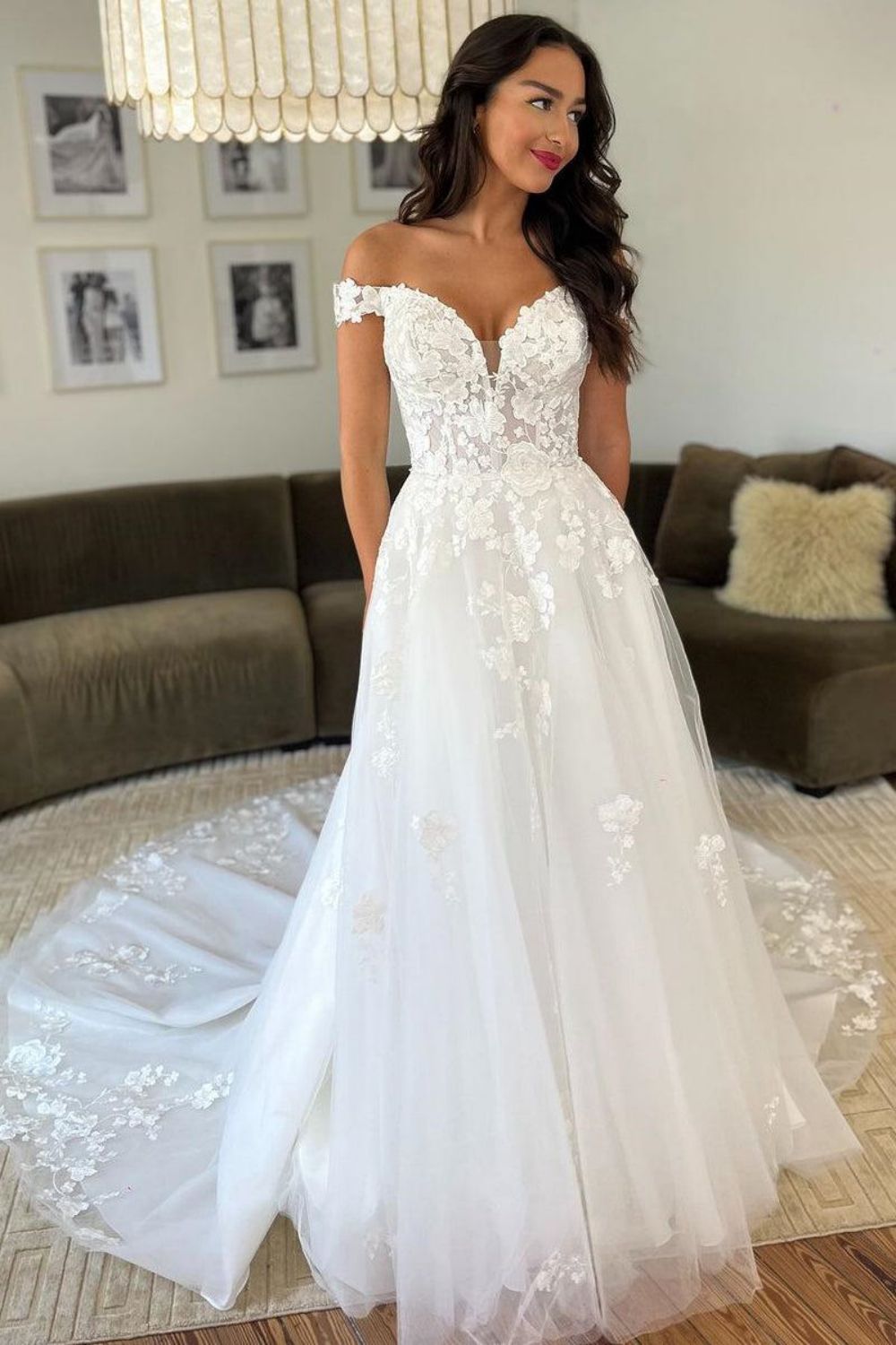 Charming A Line Off the Shoulder White Wedding Dress with Appliques