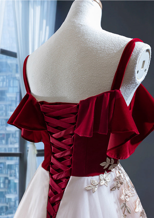 Vintage Red Straps Tulle Formal Dress, Elegant Applique Prom Dress