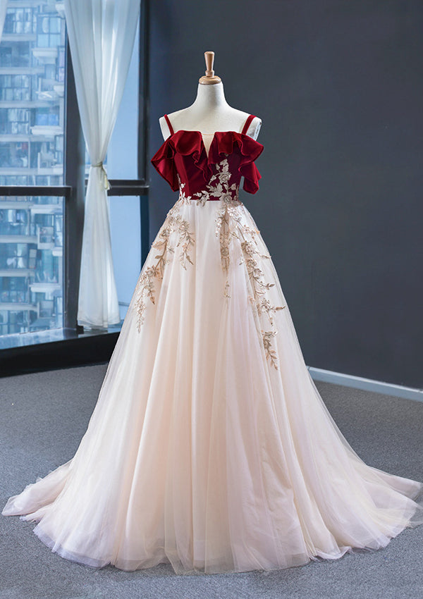 Vintage Red Straps Tulle Formal Dress, Elegant Applique Prom Dress
