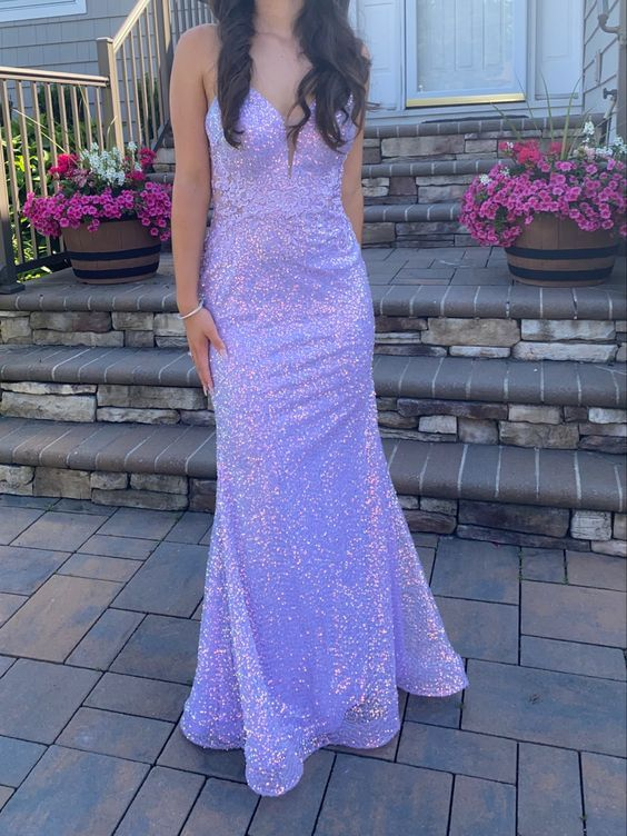 Shiny Purple Spaghetti Straps Mermaid Long Prom Dress